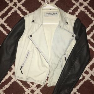 Distressed faux leather sleeve jean jacket